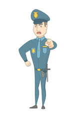 Poster - Young caucasian serious police officer in uniform showing on you. Full length of angry police officer pointing at you with a finger. Vector sketch cartoon illustration isolated on white background.