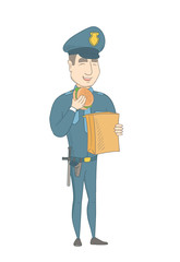 Poster - Cheerful caucasian police officer eating hamburger. Full length of young smiling police officer with a hamburger in hand. Vector sketch cartoon illustration isolated on white background.