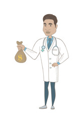 Wall Mural - Hispanic doctor showing money bag with dollar sign. Full length of young doctor in medical gown holding a money bag. Vector sketch cartoon illustration isolated on white background.