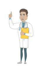 Wall Mural - Young hispanic doctor in medical gown holding clipboard with documents and pointing finger up. Vector sketch cartoon illustration isolated on white background.