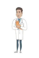 Wall Mural - Hispanic veterinarian doctor holding cat. Young veterinarian doctor carrying cat. Veterinarian doctor examining cat. Pet care concept. Vector sketch cartoon illustration isolated on white background.