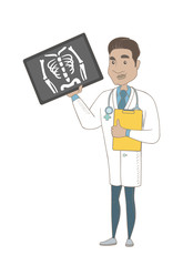 Wall Mural - Hispanic doctor examining radiograph. Young doctor in medical gown looking at chest radiograph. Doctor observing skeleton radiograph. Vector sketch cartoon illustration isolated on white background.