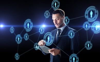 Poster - businessman with tablet pc and network contacts