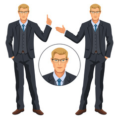 Man in business suit with vest. Handsome guy, gesturing. Elegant businessman in costume and glasses. Avatar. Stock vector.