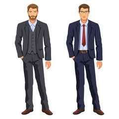 Two men. Man in business suit. Elegant young cartoon businessman. Guy in costume. Stock vector.