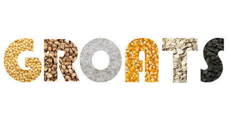 Set of cereal flakes split peas, buckwheat, grains,wheat cereal, sunflower seeds in the form of letters