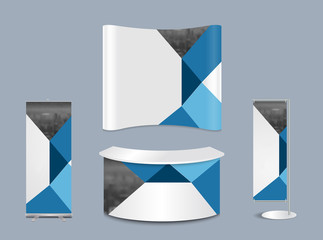 Advertising exhibition stand design with promotional elements in corporate identity style isolated vector illustration