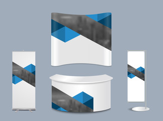 Advertising exhibition stand design with promotional elements in corporate identity style isolated vector illustration