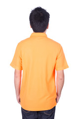 Wall Mural - man in orange polo shirt isolated on white background (back side)