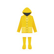 yellow raincoat and rubber boots, flat design for rainy season