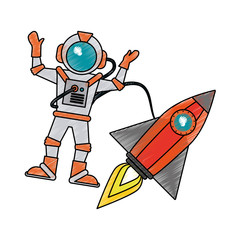 Poster - Colorful astronaut and rocket doodle over white background vector illustration