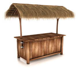 Wooden counter kiosk with thatched roof. 3d image isolated on white.