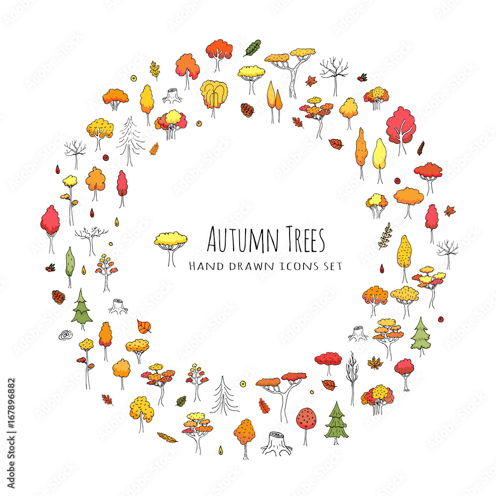 Hand drawn doodle stylized autumn tree collection. Vector tree ...