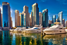 Dubai Marina With Luxury Yachts In UAE