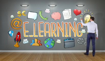 Wall Mural - Businessman drawing e-learning sketch on a wall 3D rendering