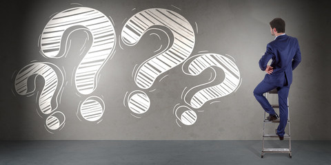 Poster - Businessman watching a question mark sketch on a wall 3D rendering