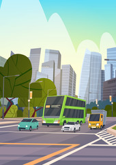 Wall Mural - City Street Skyscraper Buildings Road View Modern Cityscape Singapore Downtown Flat Vector Illustration