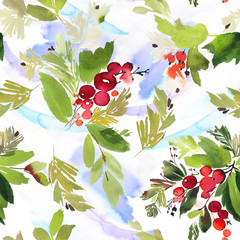 Wall Mural - Seamless watercolor Christmas pattern with berries and spruce