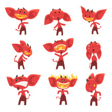Funny Red Devil Cartoon Characters With Different Emotions Set Of Vector Illustrations