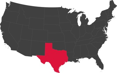 Wall Mural - Map of the United States of America split into individual states. Highlighted state of Texas.