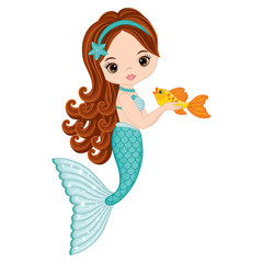 Wall Mural - Vector Cute Little Mermaid with Fish