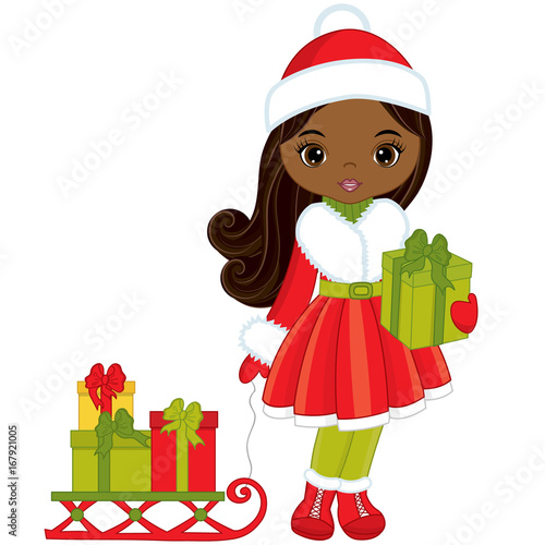 Vector Little African American Girl with Christmas Gifts and Sledges ...