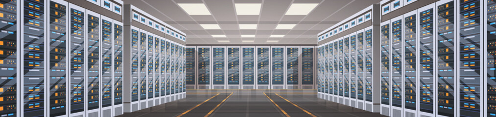Wall Mural - data center room hosting server computer information database synchronize technology flat vector ill