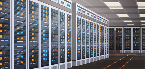 Wall Mural - data center room hosting server computer information database synchronize technology flat vector ill