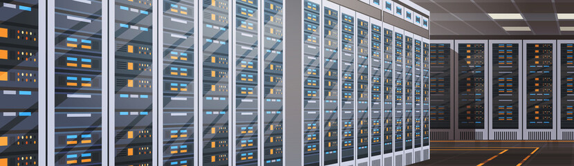 Wall Mural - data center room hosting server computer information database synchronize technology flat vector ill