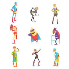 Wall Mural - Funny elderly superman cartoon characters in action set of vector Illustrations