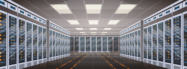 Wall Mural - data center room hosting server computer information database synchronize technology flat vector ill