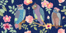 Panoramic Vector Patterns With Owls, Roses And Branches.