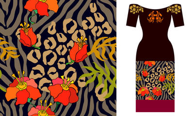 Traditional ikat ornament with flourish motifs. Party dress design. 