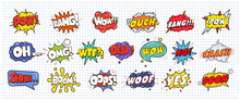 Comic Sound Speech Effect Bubbles Set Isolated On White Background Illustration. Wow, Pow, Bang, Ouch, Crash, Woof, No, Yes, Boom, Oh, Omg, Wtf, Deal, Oops Inscriptions.