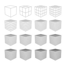 Wireframe Mesh Cube In Differenr Resolution. Connection Structure. Digital Data Visualization Concept. Vector Illustration.