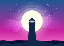 A Lighthouse Located On Top Of The Mountain Background Of The Moonlight. Lighthouse And Moon Scenery At Night Silhouettes Vector. Beautiful Moonlight Background With Lighthouse Silhouette.