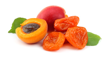 Wall Mural - apricot fruits with green leaf and dried apricot isolated on white background Clipping Path