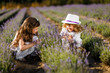 Boy and girl in the lavender field at sunset. Brother and sister holding hands. Family, love, and friendship concept