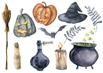 Watercolor helloween magic set. Hand painted bottle of poison, cauldron with potion, broom, candle, finger, witch hat and floral branch isolated on white background. Holiday illustration for design.