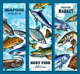 Wall Mural - Fresh seafood and fish market sketch banner set