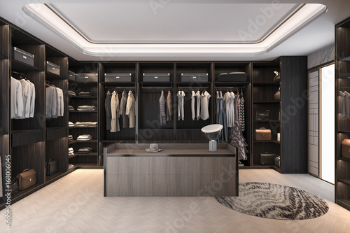 Fotomural 3d rendering minimal scandinavian wood walk in closet with wardrobe