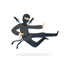 Poster - Ninja assassin character in a full black costume jumping with katana swords behind his back, Japanese martial art vector Illustration