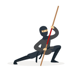 Wall Mural - Ninja assassin character in a full black costume fighting with bamboo sword in his hand, Japanese martial art vector Illustration