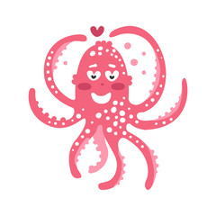 Poster - Cute cartoon pink enamored octopus character, funny ocean coral reef animal vector Illustration