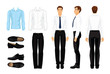 Vector illustration of corporate dress code. Businessman or professor in  formal clothes. Front view, side and back view.. White and blue shirt, black pants and shoes isolated on white background.