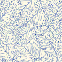 Seamless pattern with contour tropical palm leaves. nature background.