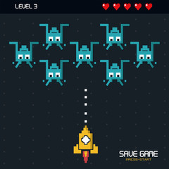 colorful poster of save game press start with graphics of spatial game in level three vector illustration