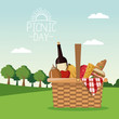 colorful poster scene landscape of picnic day and basket full of food vector illustration