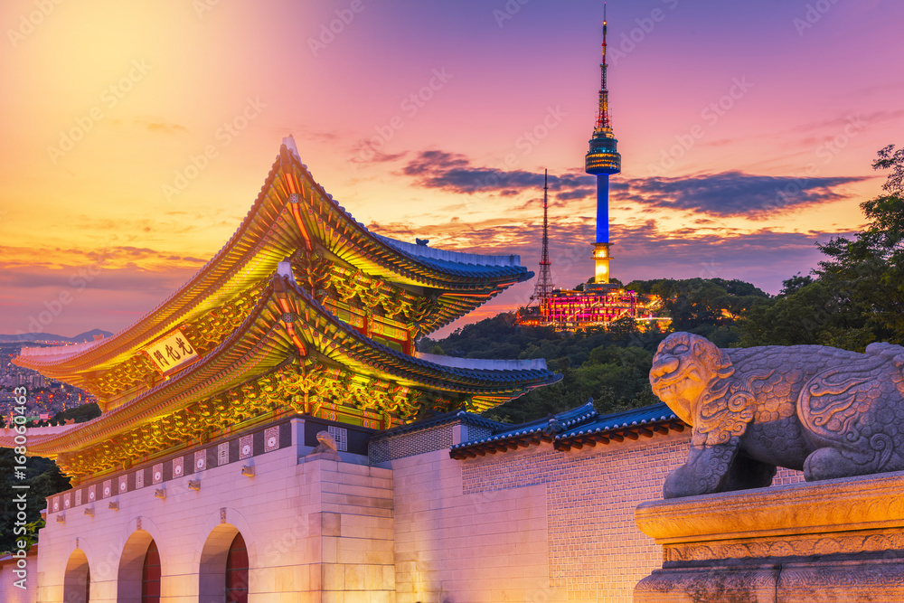 Landmark of Korea with covered Gyeongbokgung n Seoul Tower , South korea - obrazy, fototapety, plakaty 