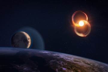Wall Mural - fantasy composition of the planet earth and his natural satellite, the moon, with a shiny sun on a s